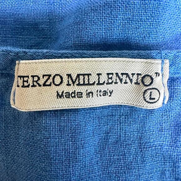 TERZO MILLENNIO Italian Linen Blue Short Sleeve Blouse Embroidered Ruffle Hem L - Picture 6 of 7